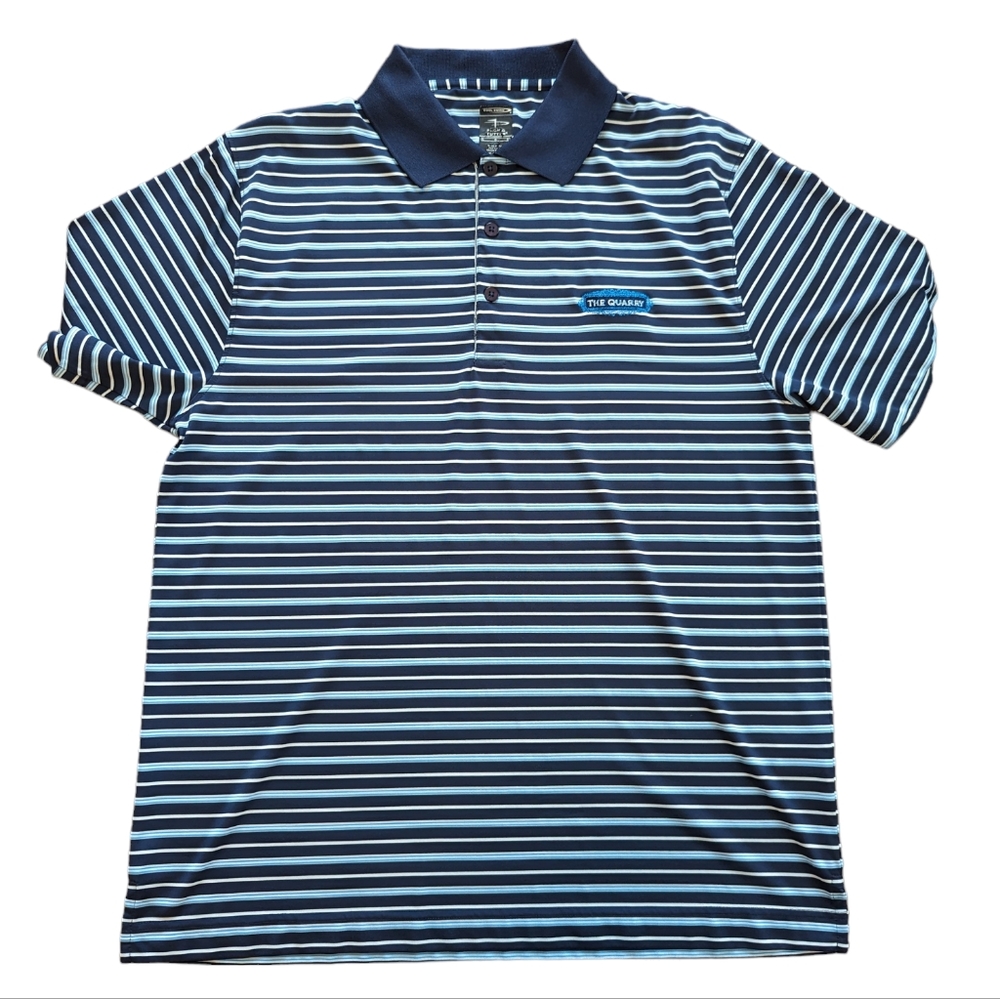 Blue and white striped golf polo